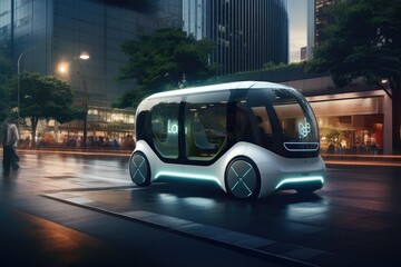 Fototapeta premium Urban environment a hybrid car navigates a bustling street. Car switches between electric and combustion modes. Green spaces, integration of hybrid technology into modern urban landscapes.