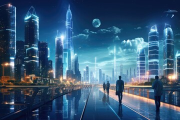 Futuristic city skyline is illuminated by streetlights powered by hydrogen fuel cells. Hydrogen as a clean and efficient energy source in urban environments.