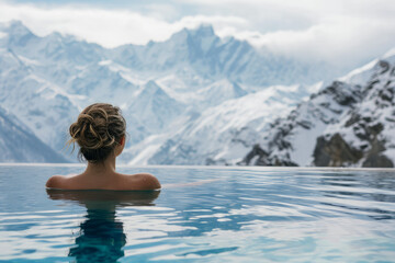 Woman relaxing in infinity pool and admiring winter mountains.