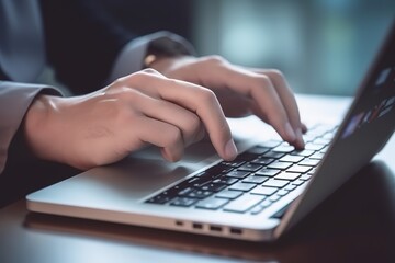 Close-up of hands typing on a laptop keyboard, focus on fingers with blurred background.