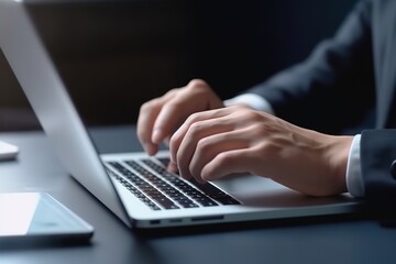 Close-up of a professional's hands typing on a laptop keyboard with a smartphone beside on a dark desk.