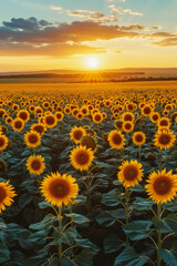 A field of sunflowers against the background of the evening sky.