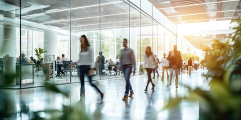 Businesspeople walking at modern office. Concept work process. Business workplace with people in walking in blurred motion in modern office space. - obrazy, fototapety, plakaty