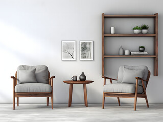 Beautiful living room with two chairs next to a wooden shelf in front of a white wall