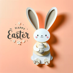 A lovely Easter-themed image featuring a paper art style bunny holding a colorful egg and a flower on a light green background. The words “Happy Easter” are written in a stylish font above the bunny.