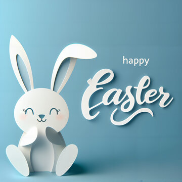 A delightful image capturing the essence of Easter with a cute, smiling paper art bunny against a serene blue background. The words “Happy Easter” are elegantly scripted beside the bunny.