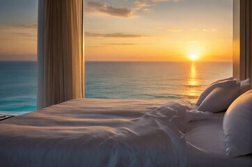 View from the hotel room through the panoramic window to the sea on sunset in a luxury resort. Minimalism. The concept of holiday at the resort, travel, vacation, tropics. AI generated
