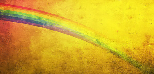 Colourful abstract rainbow streaks with a grungy texture on a yellow background.