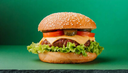 A delicious cheeseburger with lettuce and tomato on a green background. Perfect for the menu!