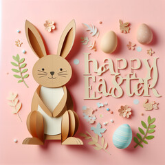 A charming Easter greeting card featuring a cute paper bunny, golden eggs nestled in a nest, and the cheerful greeting “Happy Easter” against a soft pink background.