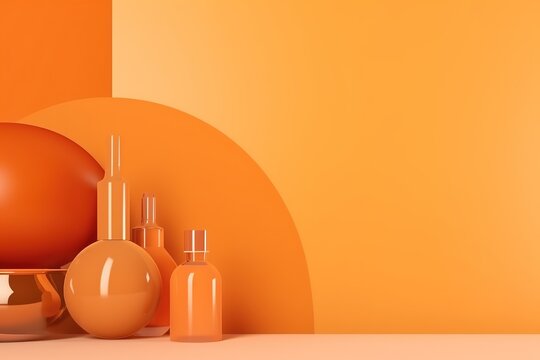 Bottle of grapefruit or orange juice and an glass cup on an orange background. Healthy eating concept. Minimalism