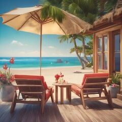 Illustration of Valentine card,heart,wine and gift on summer beach resort background. Honeymoon. Tourism