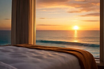 View from the hotel room through the panoramic window to the sea on sunset in a luxury resort. Minimalism. The concept of holiday at the resort, travel, vacation, tropics. AI generated