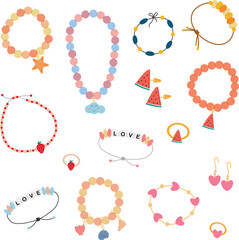 Vector set of cute bracelets, rings and necklaces, cartoon jewelry set for girls
