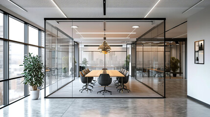 Business meeting room in glass partitioned office interior.