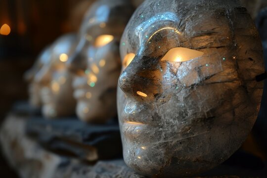 Luminous moonstone masks, imbued with the power to reveal one's true desires and emotions - Generative AI