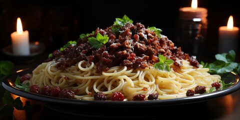 Plate of spaghetti with meat sauce and parsley garnish, candlelight ambiance in the background.