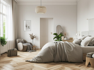 A serene bedroom with a plush bed, white nightstand, and soft lighting, evoking a calm, minimalist atmosphere with a large window casting sunlight.