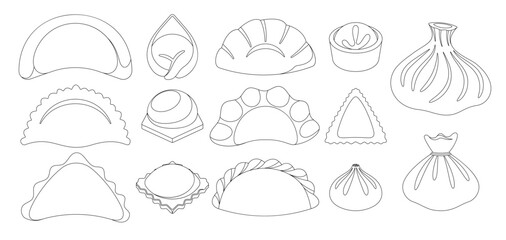 Dumplings Outline Vector Monochrome Icons Set. Assortment Of Savory Parcels, Filled With Succulent Meats Or Vegetables