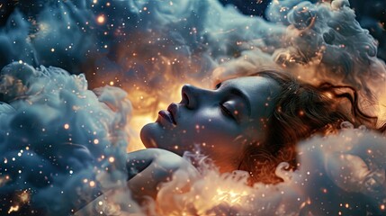 Beautiful young woman with closed eyes lying in the clouds of smoke