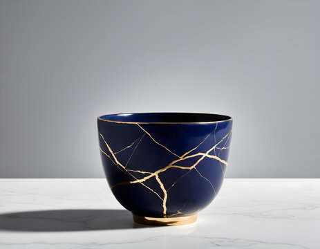 Kintsugi-Inspired Dark Blue Cup Shining Against a White Canvas