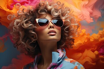 A fashionable woman sporting a curly hairpiece and chic sunglasses, exuding confidence and style in...