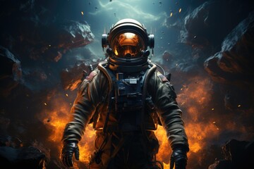 A lone astronaut in a sleek space suit, helmet reflecting the digital compositing of the vast unknown, embarks on a perilous journey through the depths of space in this heart-pumping action-adventure - obrazy, fototapety, plakaty