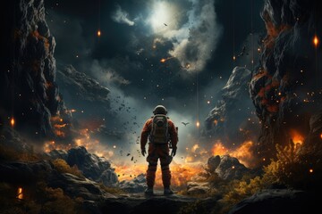 Venture into a mesmerizing world of adventure as a lone traveler in an orange suit navigates the mystical night sky above a rugged landscape in this thrilling pc game