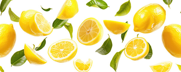 Juicy ripe lemons with green leaves flying on white background