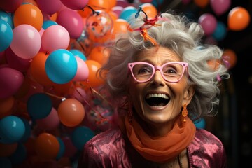 A vibrant woman with a contagious smile and unique pink hair accessorized with playful glasses, joyfully laughs while holding a colorful balloon at an outdoor party