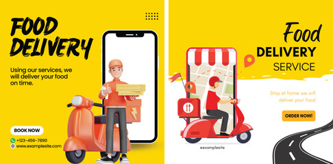 Fast and free delivery by scooter. Vector cartoon illustration. Food service.