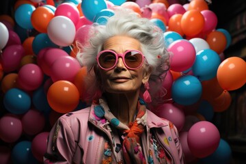Obraz na płótnie Canvas A radiant woman exudes joy and style, surrounded by a playful pile of colorful balloons, adorned with pink sunglasses and earrings, adding a touch of whimsy to her already infectious smile