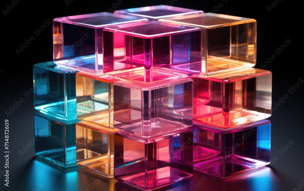 Poster a vibrant installation of abstract cubes bursts with energy and creativity, adding a splash of color