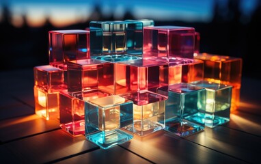 Amidst the warm glow of indoor light, a vibrant collection of scented cubes gleams within delicate glass vessels, evoking a sensory journey through a world of color and fragrance