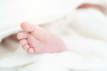 Close up baby's left feet portrait Closeup newborn baby feet sleeping on bed near window at bedroom Baby girl sleeping until early morning