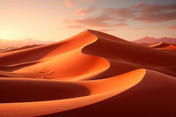 Draagtas As the sun sets over the vast sahara desert, the towering sand dunes sing a haunting melody, creating a stunning aeolian landscape that captivates the heart and soul © Larisa AI