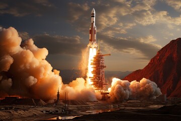 Amidst the billowing smoke and expansive sky, a powerful rocket soars from its launch pad, a symbol of human innovation and the endless possibilities of space travel