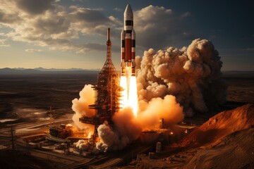 A powerful rocket soars into the endless sky, its fiery smoke trailing behind as it transports a spacecraft to unknown destinations from the sturdy launch pad on the ground
