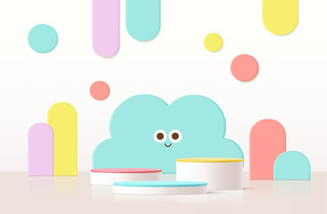 Vector background with cute design in paper cut style. Geometric pastel color background, design for kids or product display podium 3d render..