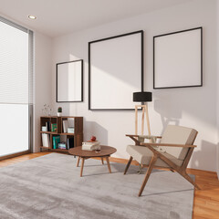 Modern living room interior background with window, cozy chair and mockup blank poster frames, 3d rendering
