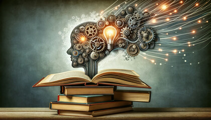 Artistic representation of knowledge and creativity with open books, light bulb and gears in the shape of a human head on a vintage background. Adult education concept. AI generated. - obrazy, fototapety, plakaty