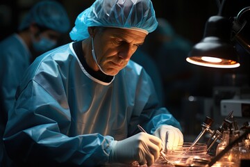 A medical technician in scrubs carefully works on a glass container with precision and focus, surrounded by the gleaming metal equipment in the indoor room