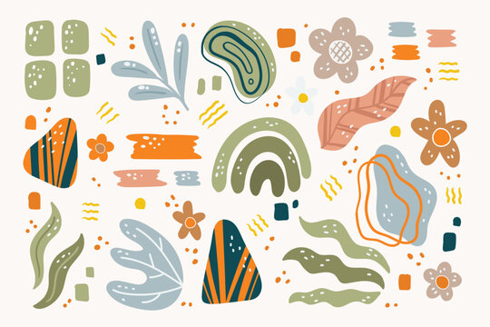 Modern hand drawn plant leaf and tropical shape decoration set. Pastel color doodle bundle for fashion design, summer season or natural concept.