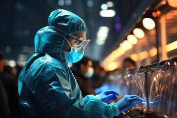 A solitary figure stands in a sterile room, clad in a protective suit and goggles, hands covered by medical gloves, their appearance a stark reminder of our current reality