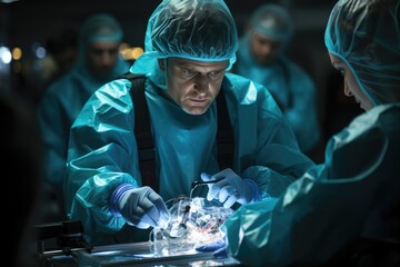 A team of skilled surgeons, dressed in sterile scrubs and equipped with medical gloves and equipment, carefully perform a life-saving procedure in a brightly lit operating room