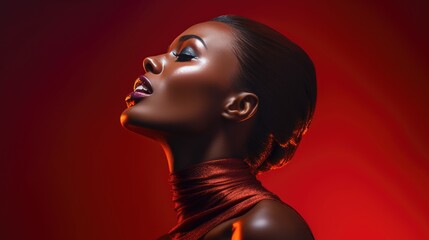 Dramatic Red Light Beauty Portrait. African woman's profile against a dramatic red backdrop.