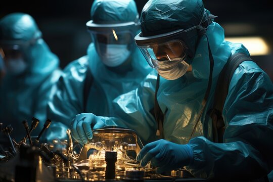 A Team Of Skilled Technicians Donning Medical Gloves And Protective Workwear Gather Indoors, Ready To Face Any Challenge With Unwavering Determination