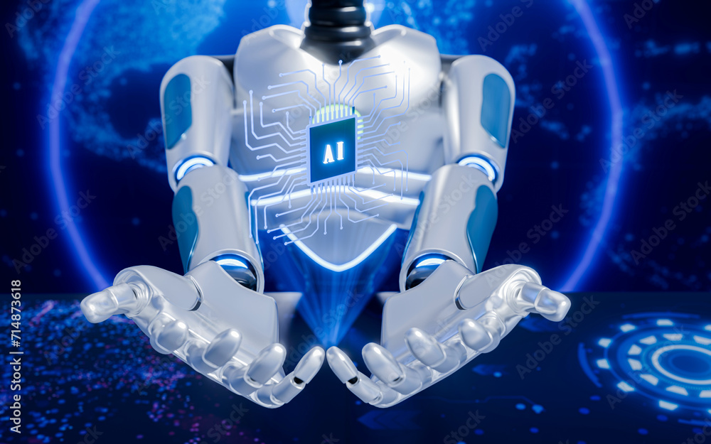 Poster the robot arm has the letters ai or artificial intelligence placed on the circuit board or mother bo