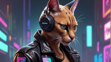 Caracal Synthwave Serenity Down Under by Alex Petruk AI GENERATED - obrazy, fototapety, plakaty
