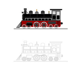 Coloring page, steam locomotive isolated on white background